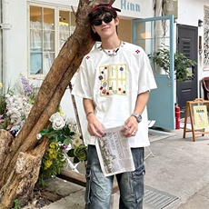 万针全刺绣工艺抖音得物高品质260克重磅纯棉双纱美式高街短袖T恤，男装T恤，电商A486