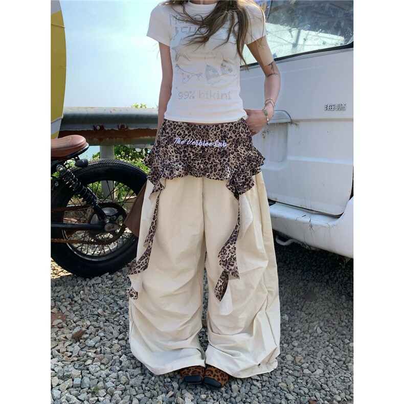 2025新款美式复古豹纹拼接褶皱伞兵裤女辣妹跳舞叠穿假两件裤子图片