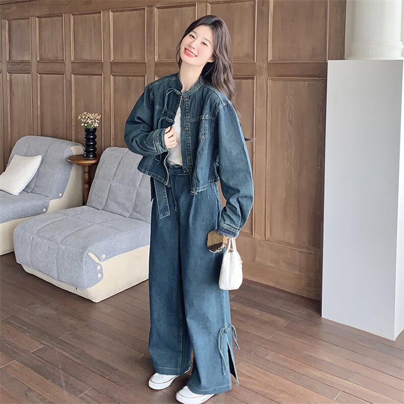 新中式国风牛仔阔腿裤套装女春秋盐系轻熟两件套俏皮活泼流行爆款,女装套装/套裙,2C028