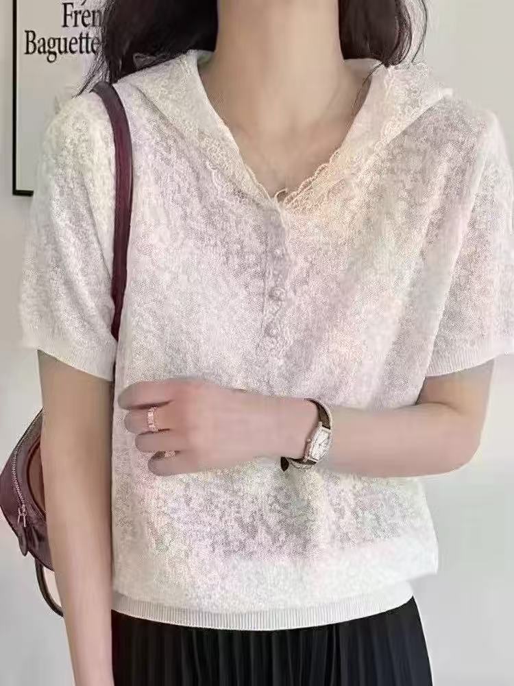 夏季通勤简约舒适百搭加欧根纱帽衫短袖,女装T恤,百纯羊绒