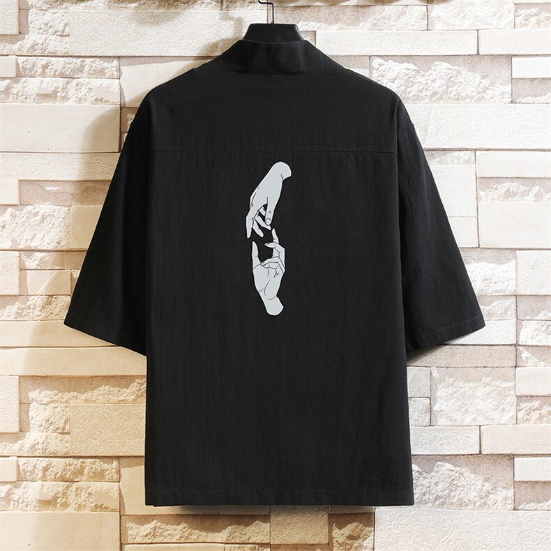 HF59147-P40风汉服男开衫外套七分袖道袍砖墙挂拍,男装民族服装,电商A040A