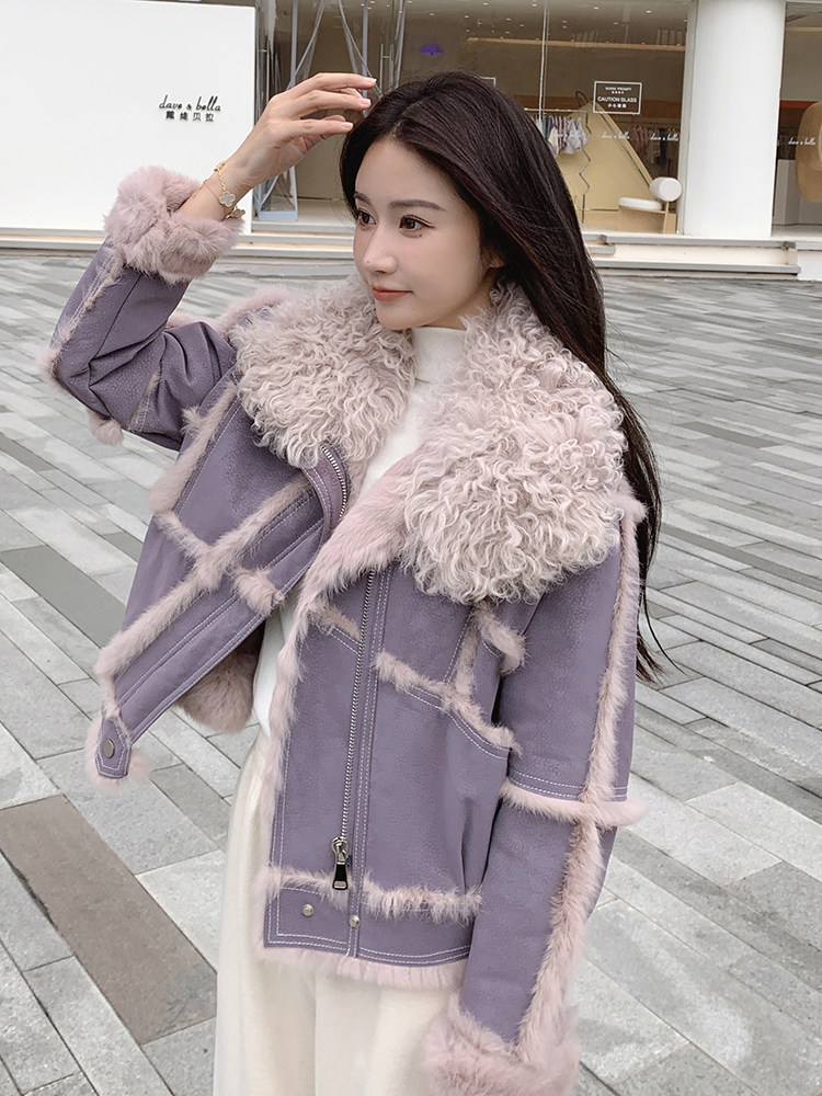 主推2025真皮兔毛机车皮毛一体外套2C116-6867-P299-K399,女装毛呢外套,2C116