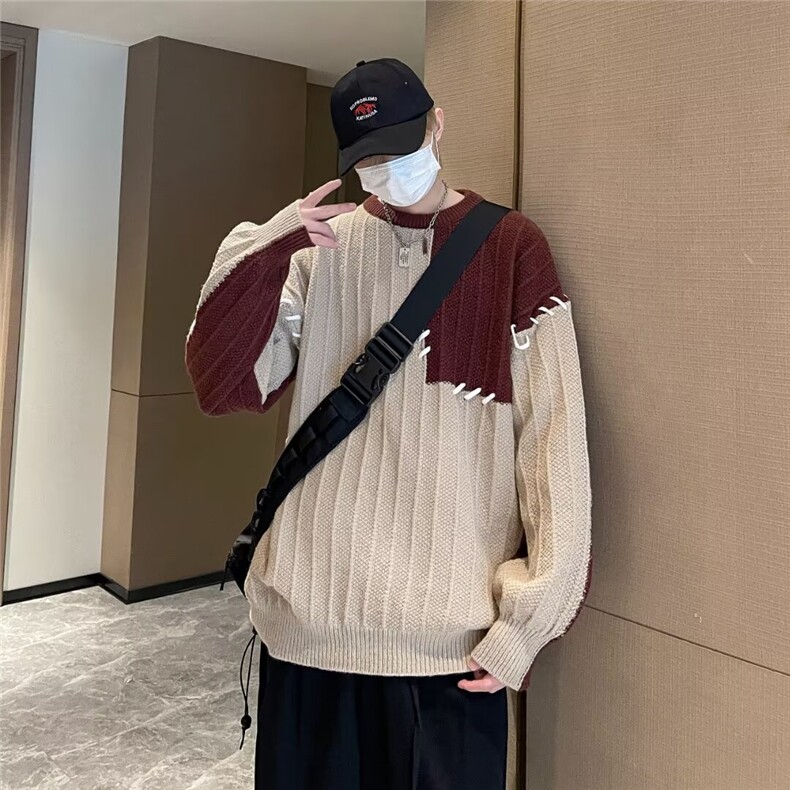 毛衣男秋冬撞色拼接设计感小众慵懒风套头针织衫毛线衣MA6008,男装针织衫/毛衣,星座1116A-1（原606A）