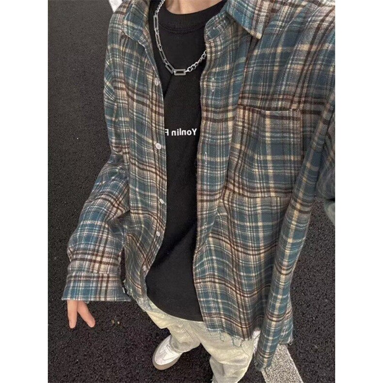 美式复古毛边格子衬衫男女高级感长袖春季垂感翻领衬衣CS1111,男装衬衫,星座1116A（原606A-3）