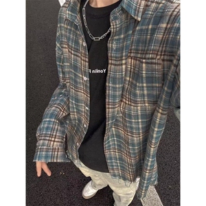 美式复古毛边格子衬衫男女高级感长袖春季垂感翻领衬衣 CS1111图片