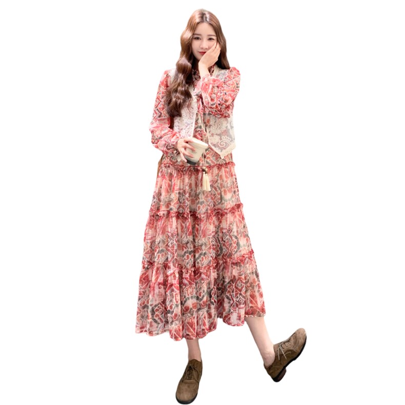 韩版时尚蕾丝马甲套装女2025秋新款时尚减龄显瘦印花半身裙两件套,女装套装/套裙,2D035