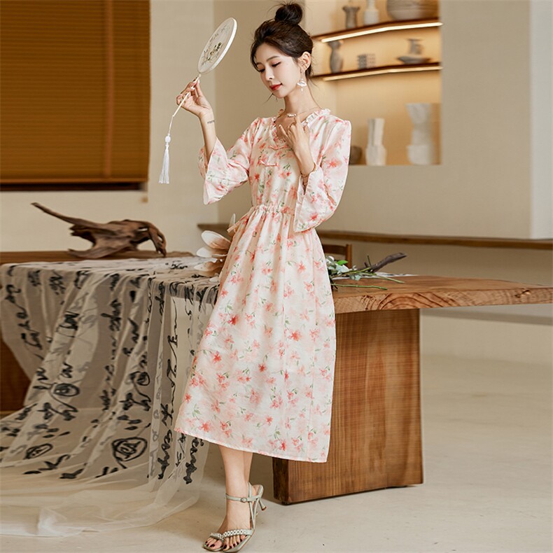 新中式国风碎花仙女裙复古雪纺连衣裙女夏季宽松显瘦休闲A字裙子，女装连衣裙，世纪海洋