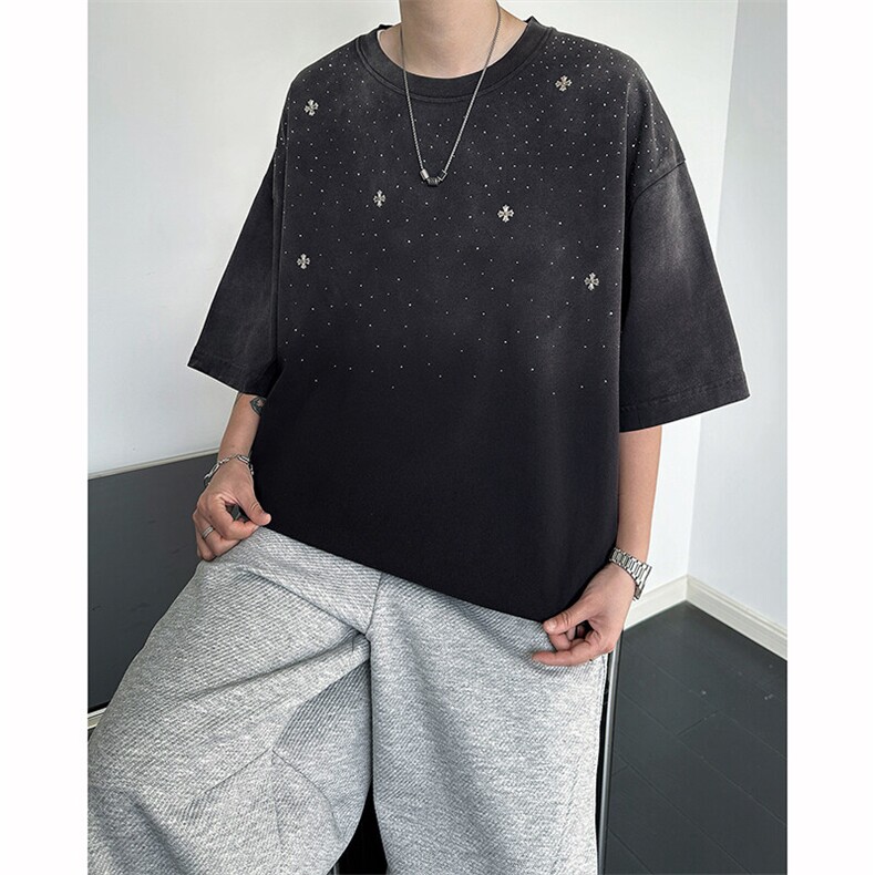8XL-M满天星轻奢烫钻宽松版落肩纯棉短袖T恤新款夏百搭上衣DX337,男装T恤,电商D206-1