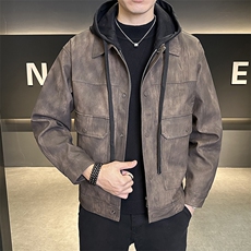 加绒加厚假两件连帽可拆卸男装皮衣外套夹克C317-J6662-P170，男装夹克，电商C317