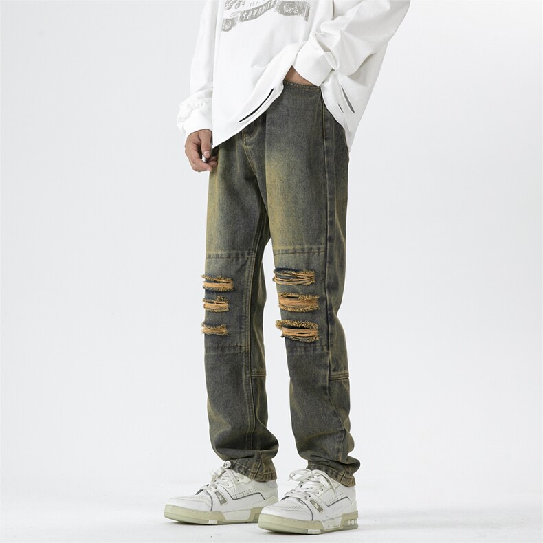 美式高街vibe潮牌复古薄款破洞补丁牛仔裤乞丐裤子N821-P60-限78，男装牛仔裤，电商B377