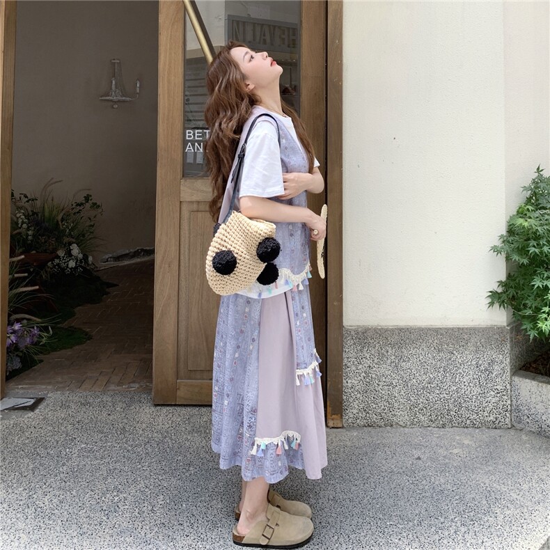 流苏紫色马甲套装裙女夏T恤半身裙三件套流行巨好看超火爆款洋气,女装套装/套裙,2C317