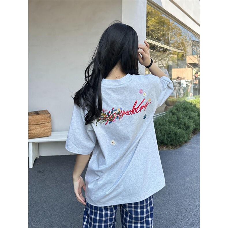 网图有货美式夏季手写花卉刺绣短袖T恤男女宽松情侣上衣A466-P30，男装T恤，星座1505