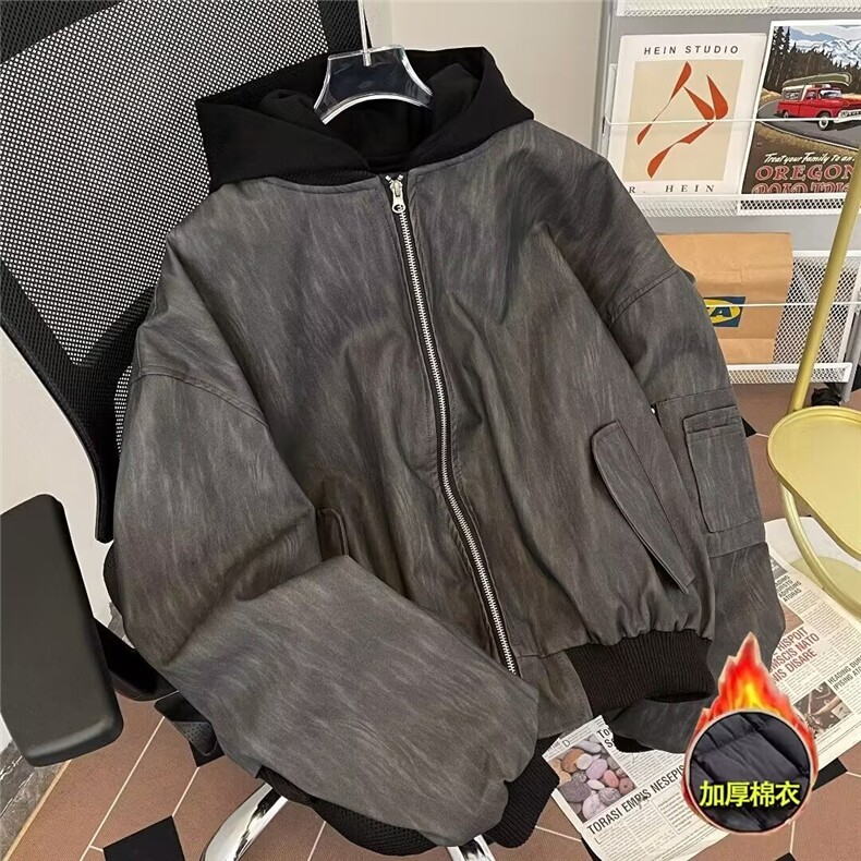 假两件工装纹理棉衣外套美式复古上衣春秋款潮牌棉服痞帅夹克图片