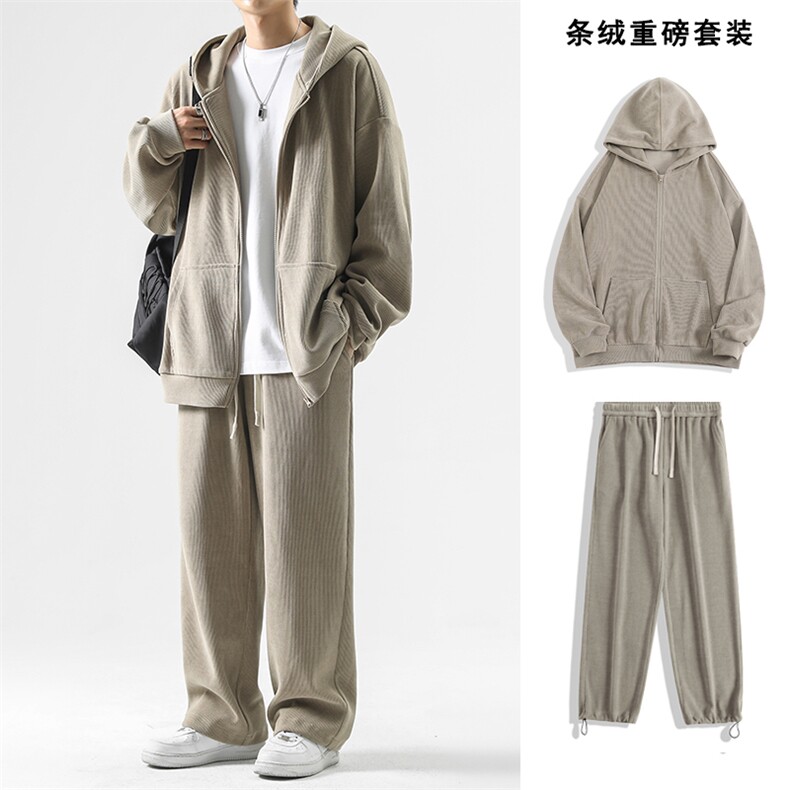 美式潮牌条绒开衫连帽外套搭配直筒拖地裤百搭休闲-TZ820特批117,男装休闲套装,星座718