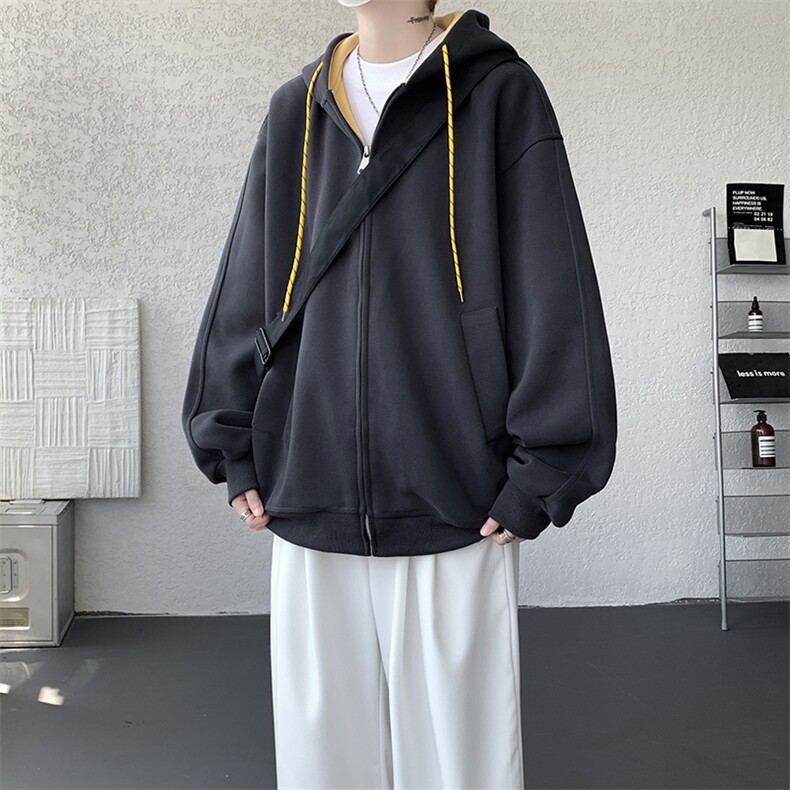 8XL-M秋连帽卫衣男宽松休闲纯色拉链开衫外套拼色帽衫运动WY27P65，女装短外套，电商D206-1