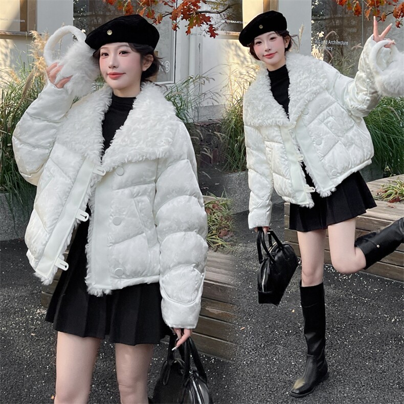 短款羽绒服女2024冬新款小个子今年流行漂亮灰色羊羔毛大翻领外套,女装羽绒服,瑶迪依秀