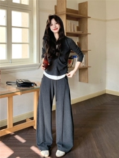 2026高级灰卫衣春秋季新款女装抽褶收腰连帽领假两件撞色修身上衣，女装套装/套裙，艾米莉亚