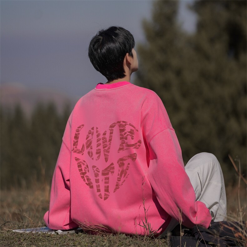 吻痕印花多巴胺色水洗做旧宽松圆领卫衣Y7738-P58加绒单色黑P68,男装卫衣,星座517A-2