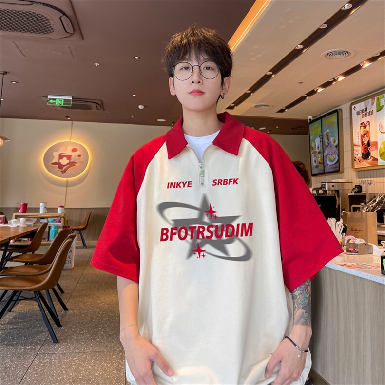 港风重磅全棉撞色插肩袖polo衫短袖男T恤XGP3212-P45控78,男装T恤,电商B370