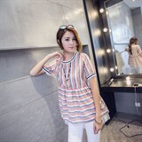 时尚条纹宽松短袖T恤女夏季新款韩版显瘦百搭上衣，女装T恤，深水步