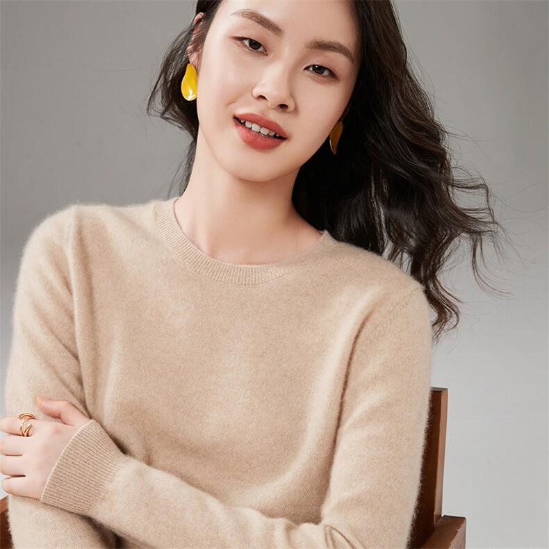 平面圆领秋季长袖条纹休闲时尚针织羊绒衫,女装羊绒衫,暖思纯羊绒