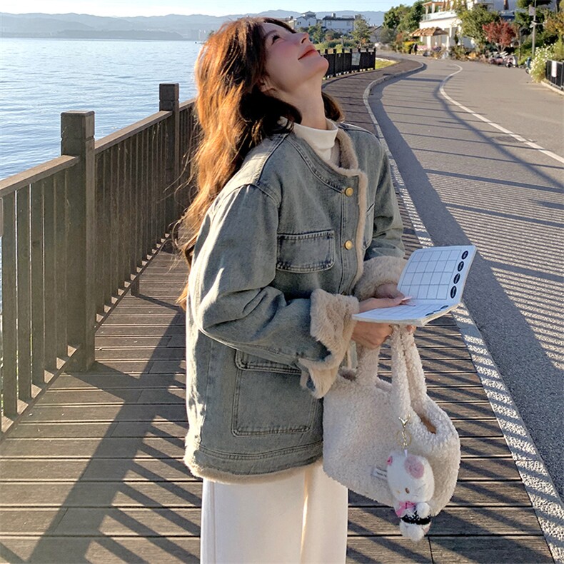 (现货新款）2025冬装时尚休闲翻领加绒牛仔外套女（领子可脱卸）,女装牛仔外套,印象茜