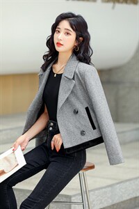 高级感羊毛呢短外套女秋冬新款金丝绒拼接气质休闲小个子西装上衣图片