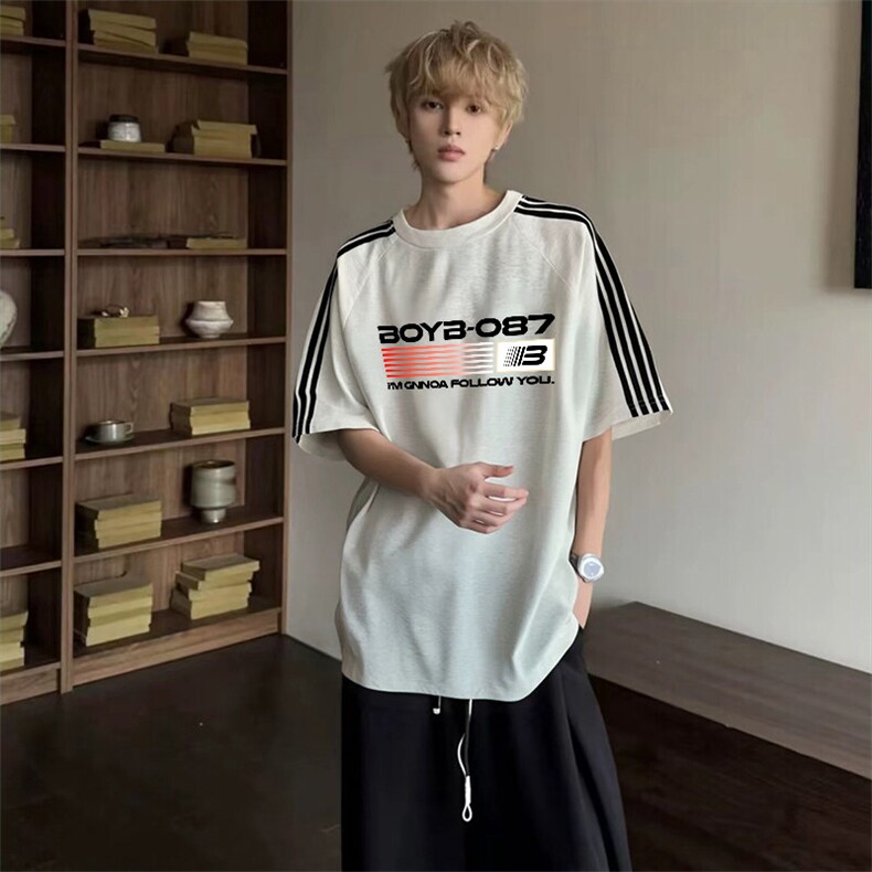 抖音得物品质二开240克宽松纯棉美式潮牌印花三条杠中性风短袖T恤,男装T恤,电商A486-1