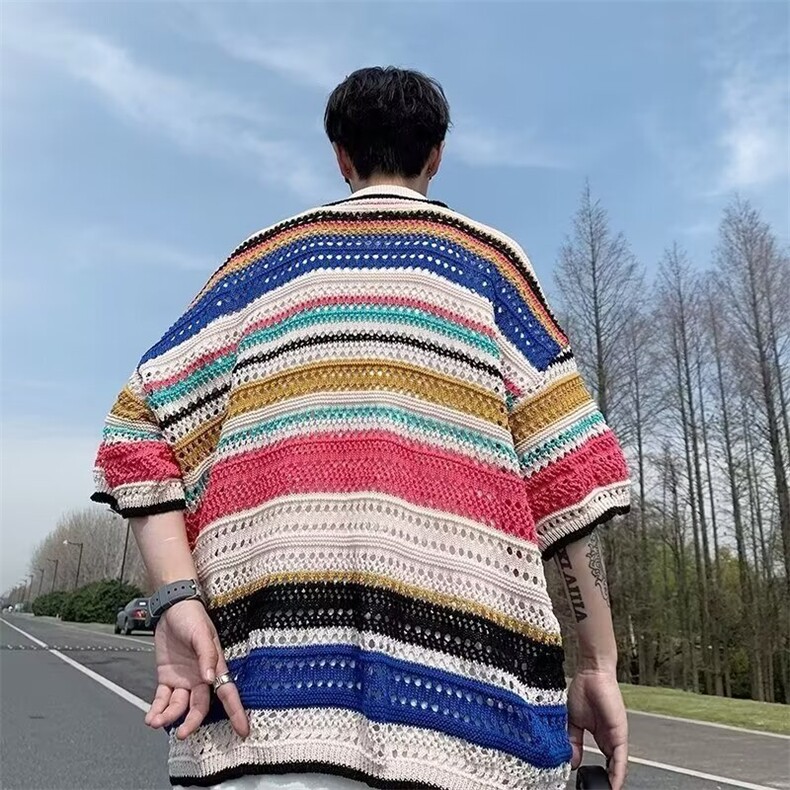 彩色拼接条纹短袖男镂空设计美式复古polo衫潮1001-1-ML300-P40,男装Polo衫,星座1001-1
