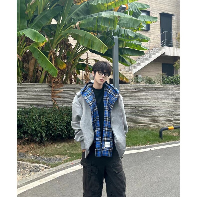 【有货】假两件格子拼接卫衣男款设计感连帽开衫外套JL97HH-特P68,男装卫衣,星座1007（原301D）