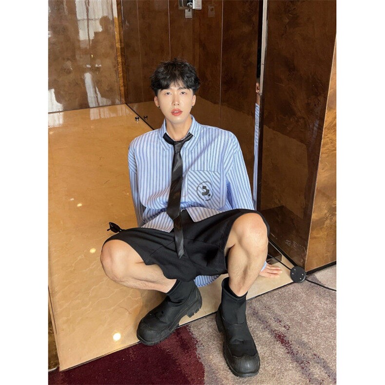 Q03/P52学院风竖条纹带领带男衬衫潮流宽松翻领长袖衬衣,男装衬衫,星座1506