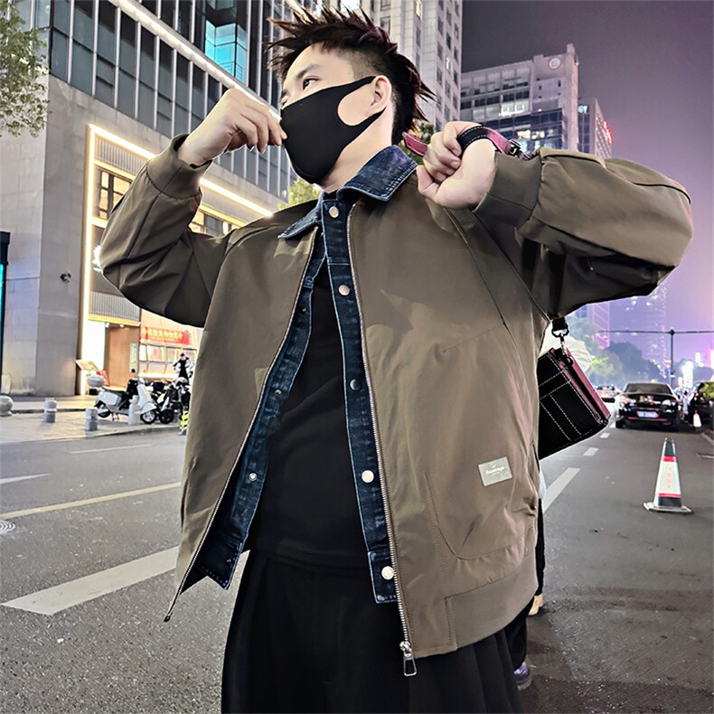 BK20/P118控158春季美式复古假两件拼接牛仔领夹克外套男黑首1,男装夹克,星座305B
