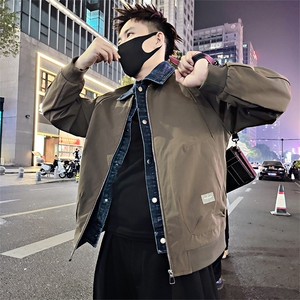 BK20/P118控158 春季美式复古假两件拼接牛仔领夹克外套男黑首1图片