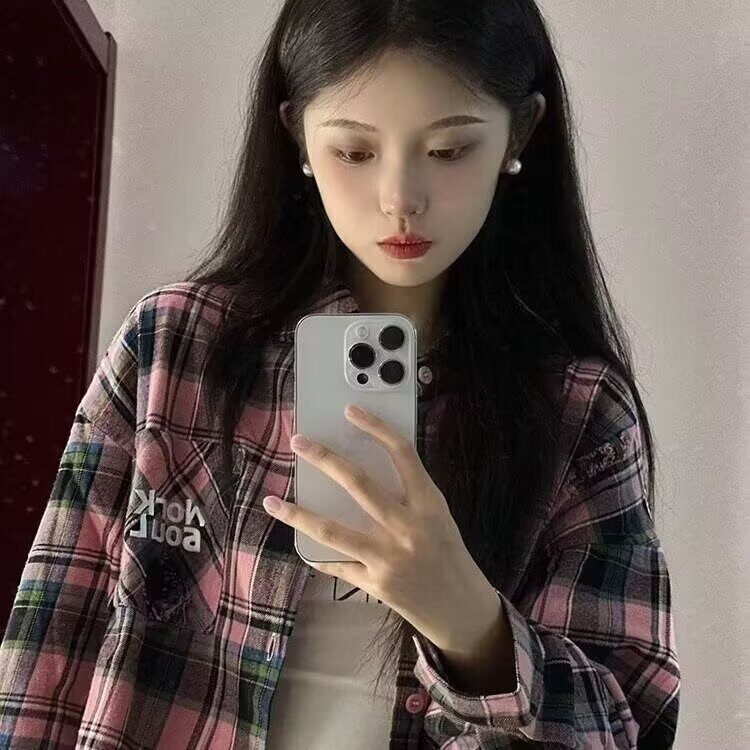 C59-P32港风磨毛棉格子衬衫女内搭叠穿春秋薄外套长袖上衣,男装衬衫,电商B323A