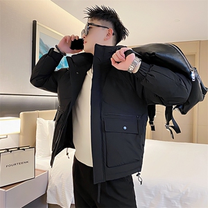 AY75/P138控178冬季社会小伙连帽工装口袋潮牌痞帅棉衣外套男黑首图片