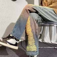 夏季新款破洞拖地牛仔裤女美式复古辣妹直筒宽松慵懒风阔腿长裤子，男装牛仔裤，星座506A