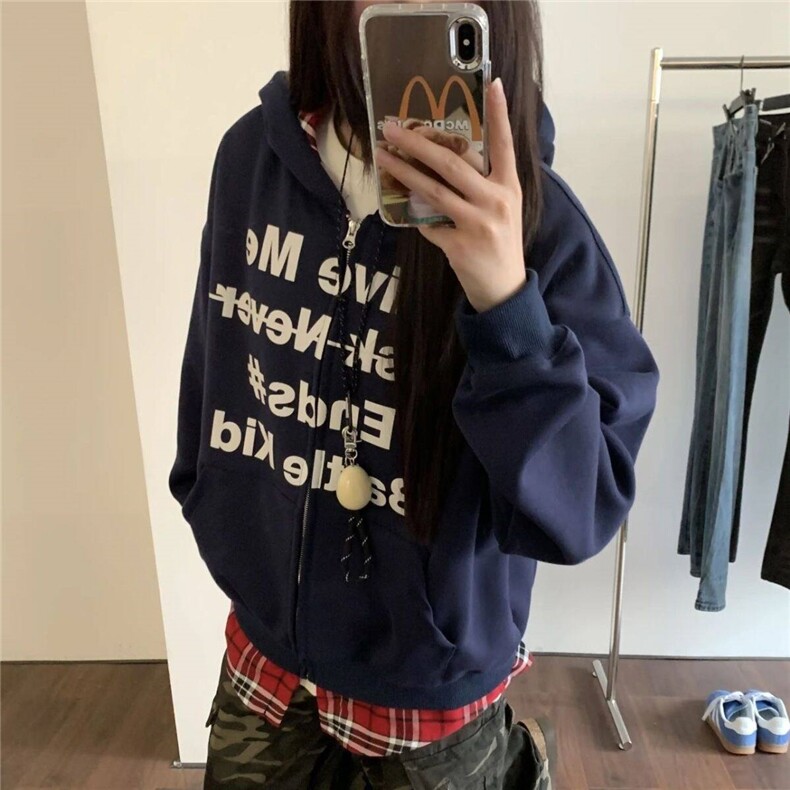 藏青色情侣卫衣男女2024早秋新款假两件开衫红色格子拼接连帽外套,男装卫衣,星座603-2