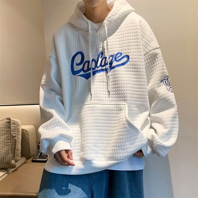 华夫格男港风超火宽松情侣上衣潮牌刺绣连帽卫衣WT28P32图片