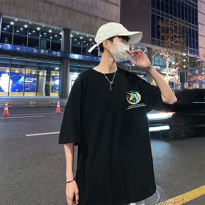 潮牌2021夜光反光卡通印花宽松上衣韩版潮流情侣长袖T恤W229-P30,男装T恤,星座412-2