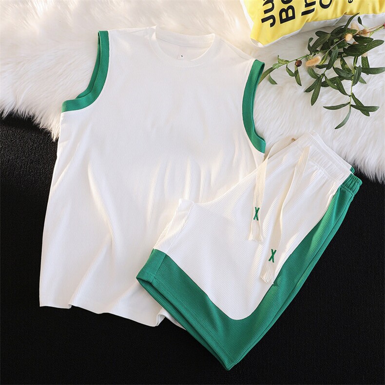 现货主推大码港风情侣冰丝背心五分裤休闲时尚运动套装男S03P48图片