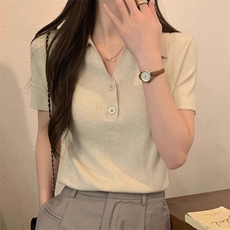 纯色常规款纯欲风赛罗棉刺绣T恤夏季小众翻领v领t恤显瘦针织短款，女装T恤，朝辰羊绒