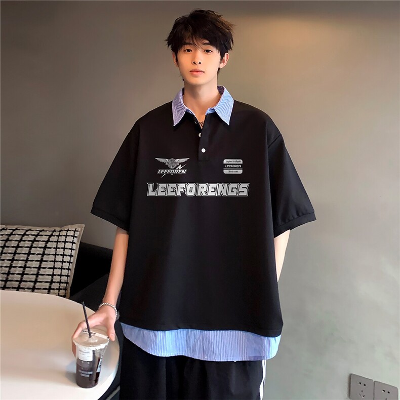 日系假两件复古潮牌少年感polo衫百搭学生短袖T恤T154-P48,男装T恤,电商C307