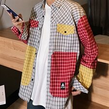 20年春季新款拼接格子休闲潮流衬衫宽松大码DS-B293-CS55-P38，男装衬衫，电商A306