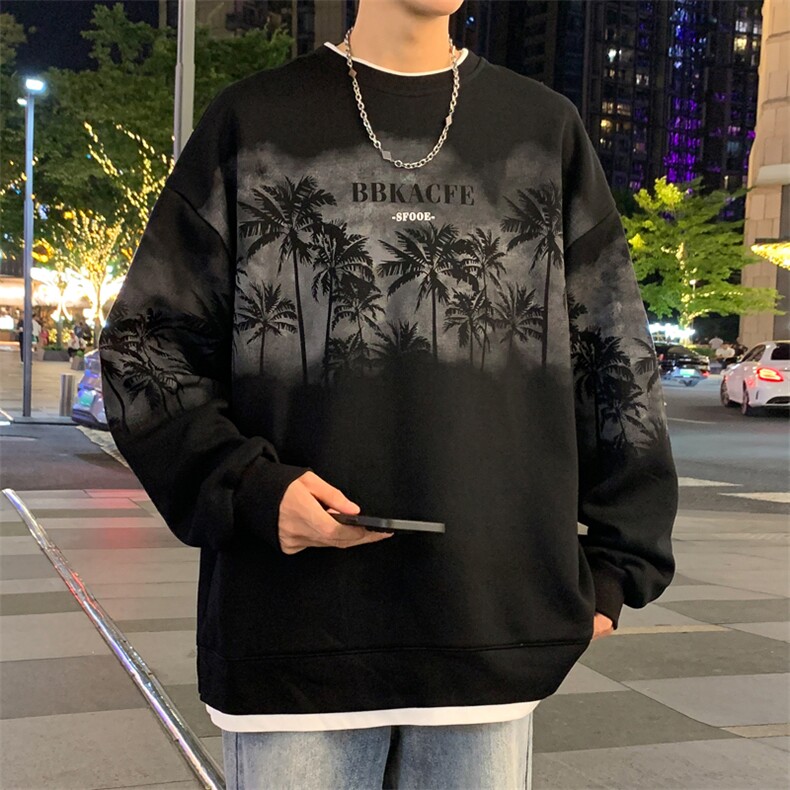 假两件卫衣男款春秋季青少年椰子树印花潮牌宽松大码重磅无帽外套图片