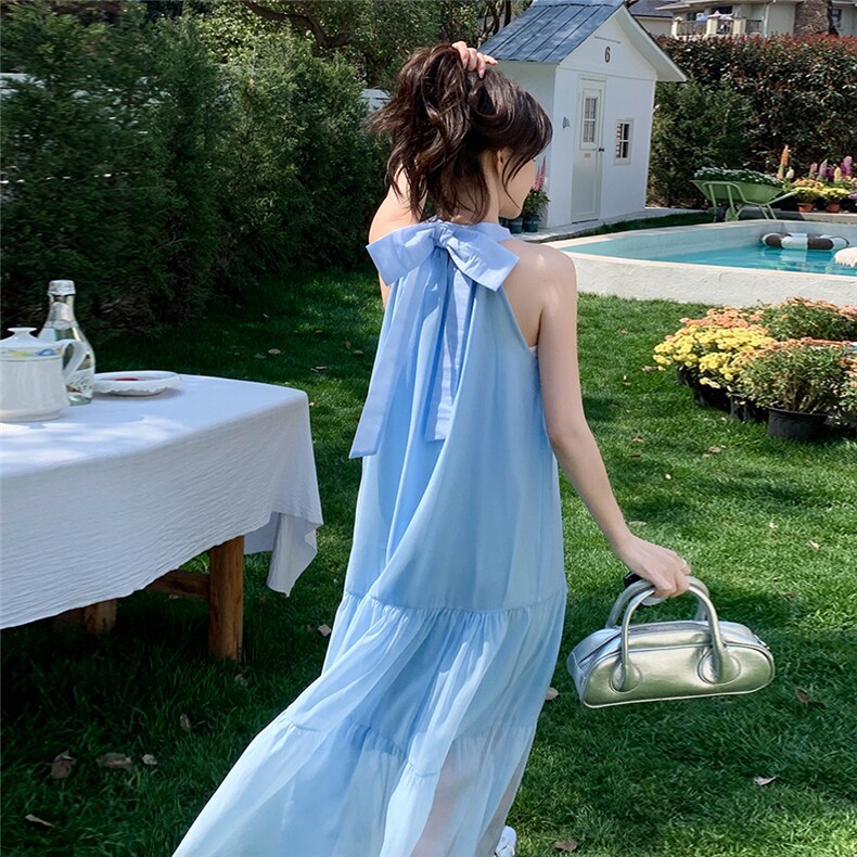 蓝色挂脖无袖连衣裙女2025夏季新款超好看法式宽松海边度假风长裙,女装连衣裙,2C206