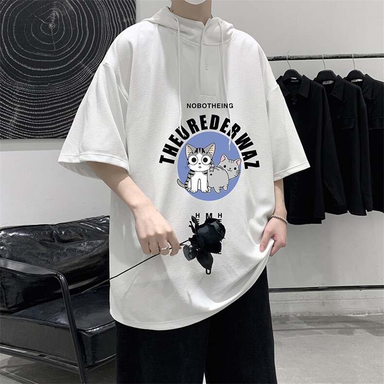 LD54160-P45连帽短袖t恤男大码胖子带帽五分袖中袖大皂风,男装T恤,电商A040