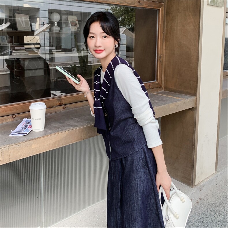 韩系chic一整套牛仔穿搭女2025秋新款小个子披肩马甲半身裙两件套,女装套装/套裙,2C057