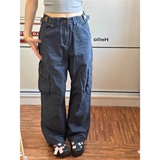 藏青色多口袋工装裤欧美hiphop炸街裤子小众设计感宽松直筒休闲裤，男装牛仔裤，星座506A