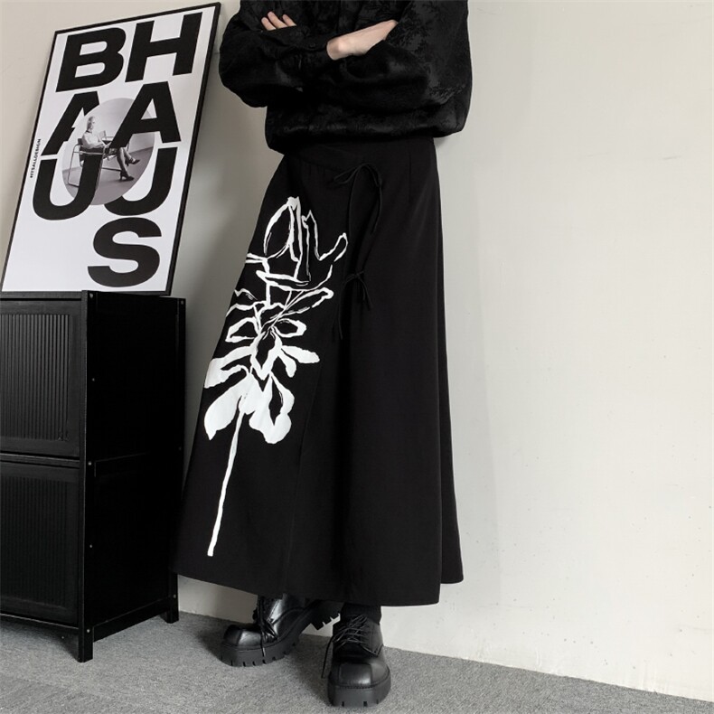 新中式围裹式a字裙潮花卉水墨画暗黑山本印花半身裙马面裙,男装休闲裤,星座909