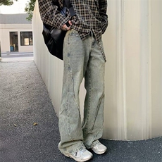 美式复古泥黄微喇牛仔裤男春vibe潮牌解构宽松直筒长裤RK2547-P67，男装牛仔裤，星座412-2